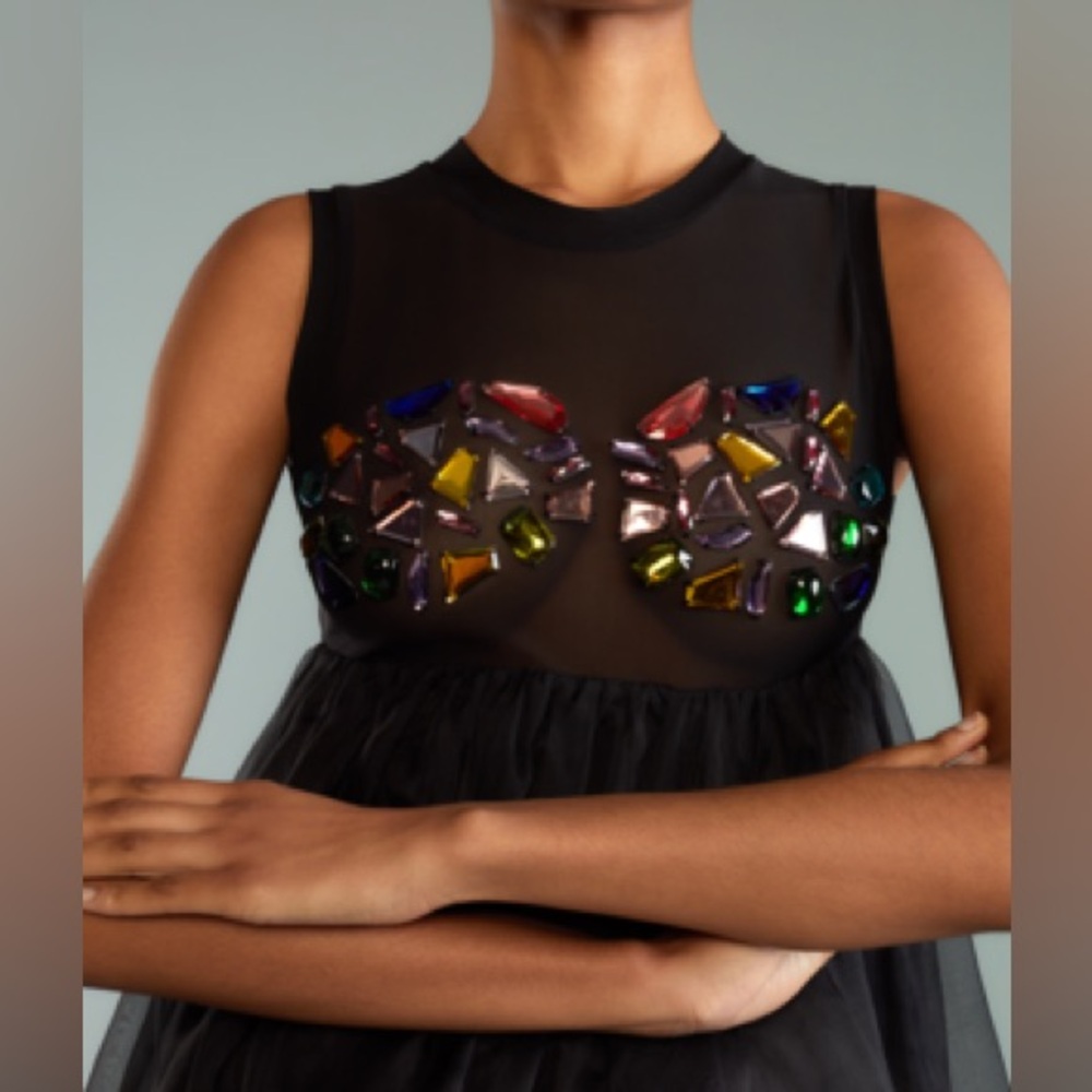 💎Cynthia Rowley Jewel Cascade Organza Mini Dress with Sheer Top – Size Small NWT - Picture 2 of 14
